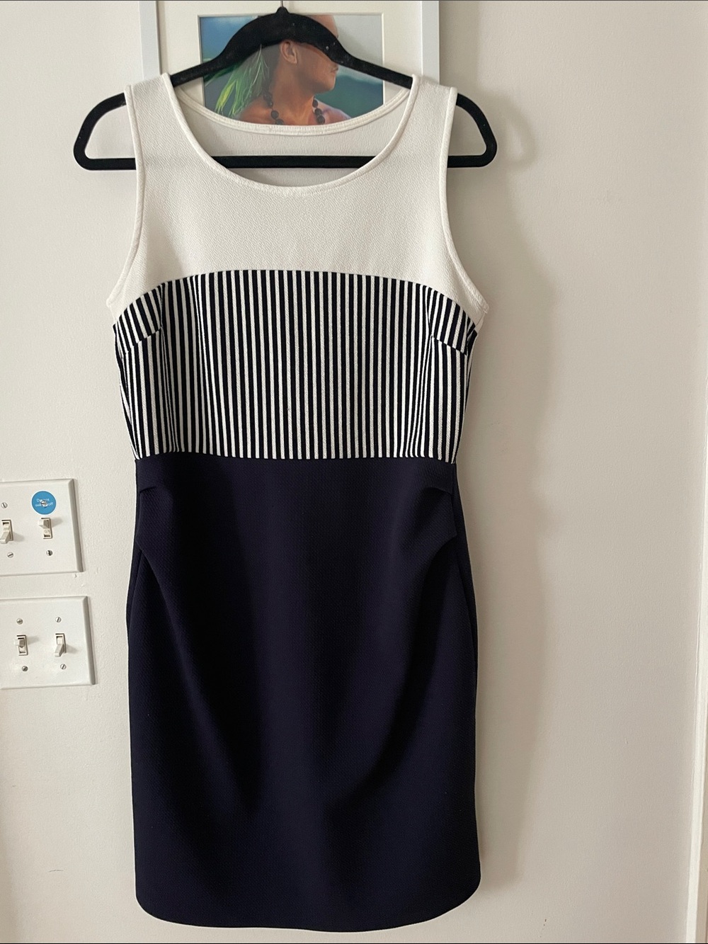 Sleeveless Navy and White Striped Sheath Dress
